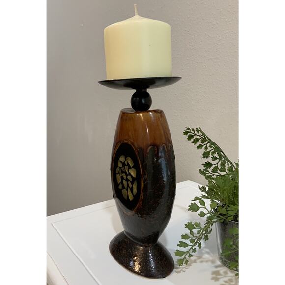 Feng Shui Pillar Candle Holder Wrought Iron Poured Glaze Abalone Shell Inlay - Picture 4 of 8